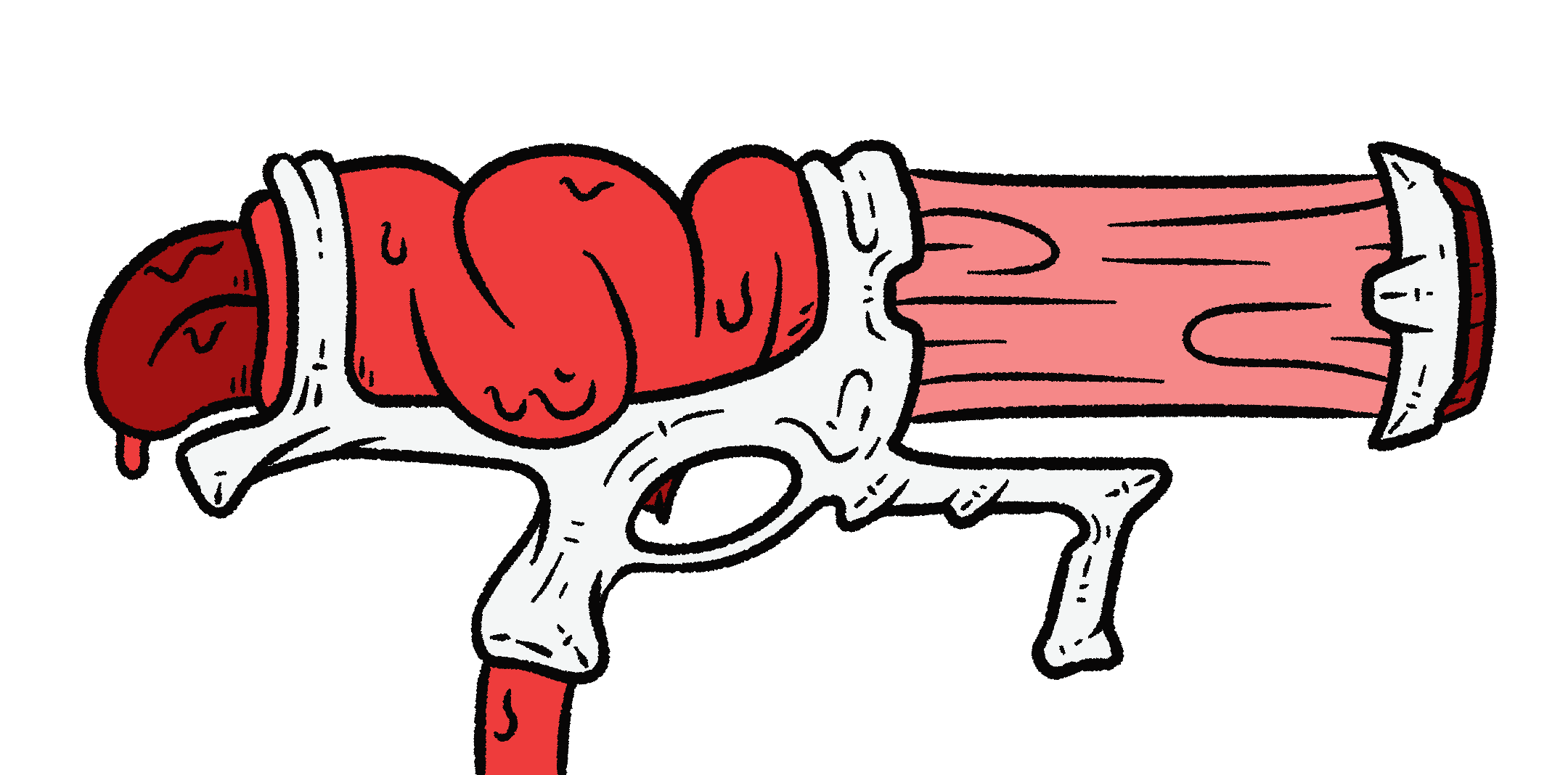 Illustration of a rocket launcher made from flesh and bone. The bone provides structure, while the intestine is fit through the bottom of the bony grip and spills out the back. Pink flesh is stretched to form the barrel, which terminates in a blunt bony shield.